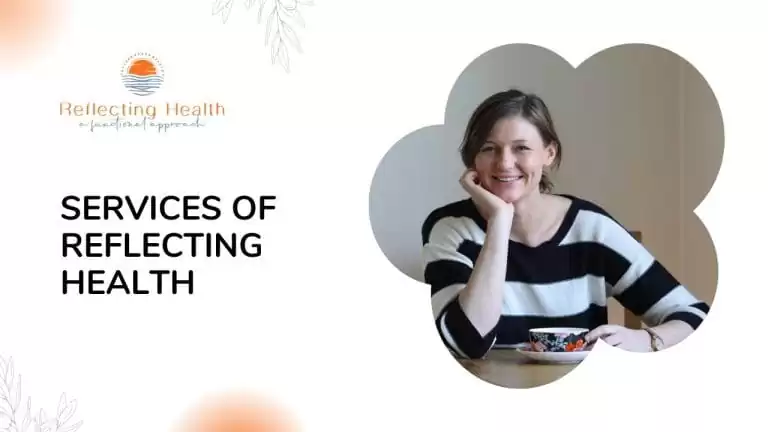 Reflecting Health logo and a smiling woman in a black-and-white striped sweater, introducing the services offered